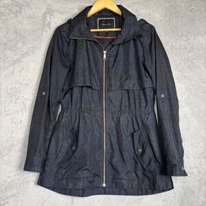 RW&CO Anorak‎ Jacket Small Navy Blue Leopard Print Hooded Lightweight  Casual